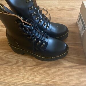 Dr. Martens Black Lace-Up Combat Boots with Yellow Stitching
